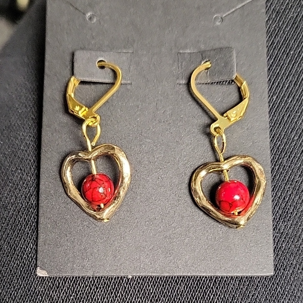Gold Heart Earrings with Red Beads